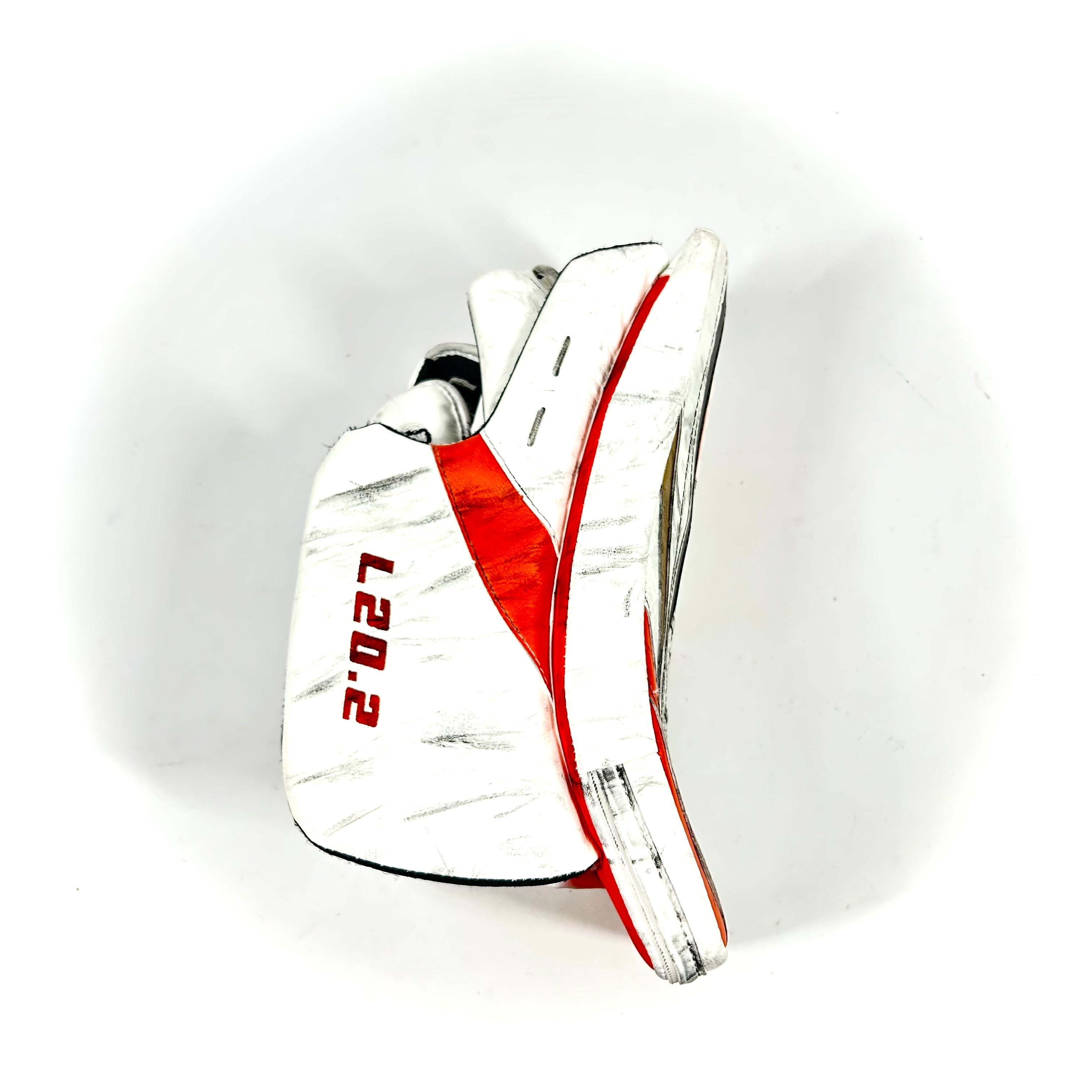 True L20.2 - Used Pro Stock Goalie Blocker (White/Black/Orange)